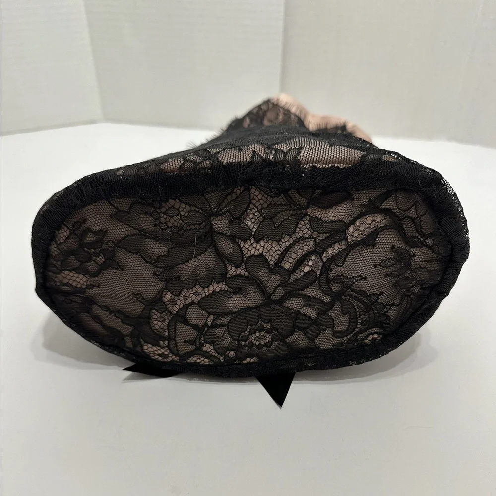 Marchesa x Beauty.com Blush Nude Satin & Black Lace Cosmetics Pouch Bag w Bow
